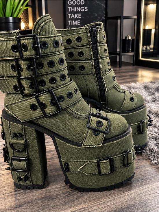 Dolls Kill Shoes - Dolls Kill Olive Green Platform Combat Boots Multi-Buckle Chunky Sole